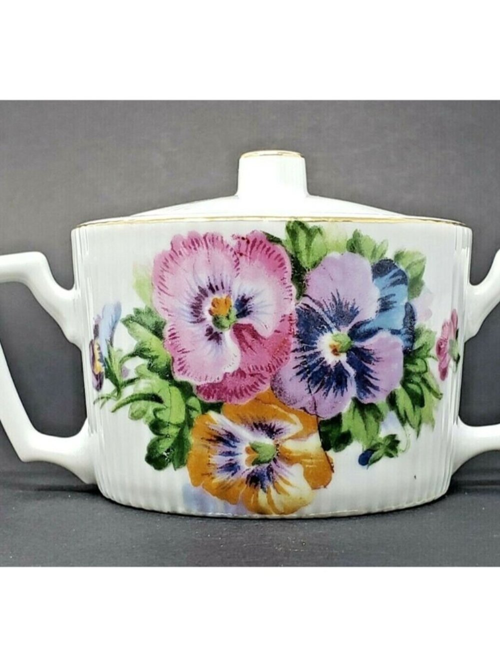 ESD Sugar Bowl Lidded White With Pansies Hand Painted Japan Vintage 2 3/4 in
